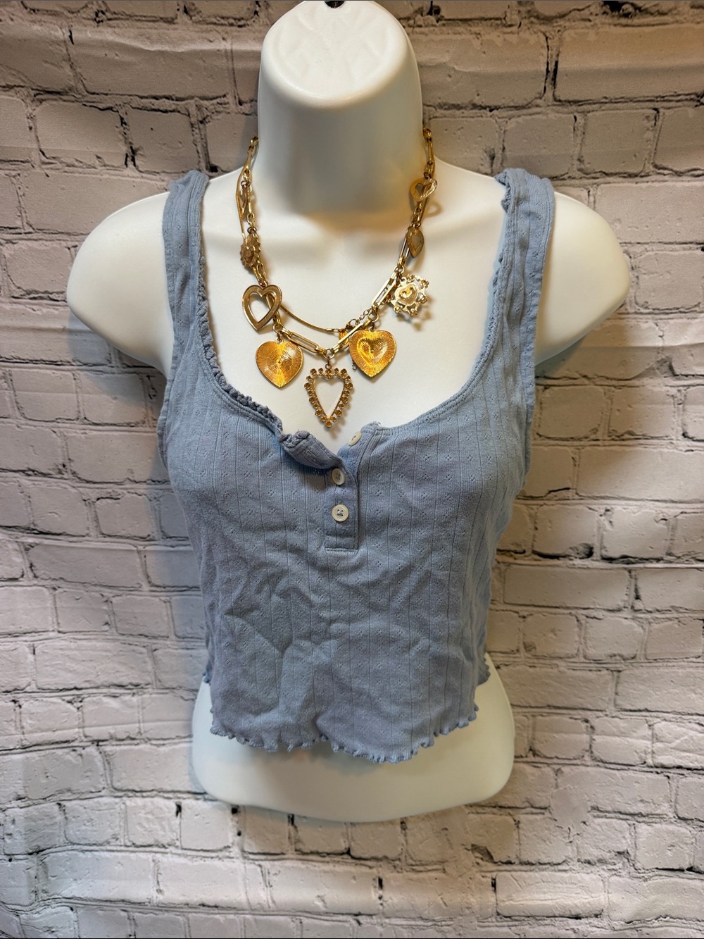 American Eagle Blue Gray Pointelle Henley Cropped Tank Top Size M
